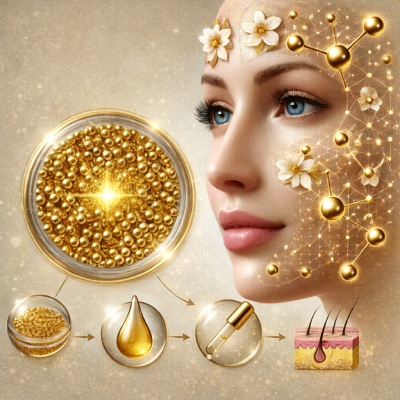 gold nanoparticles in skincare formulation services Here is a detailed scientific illustration representing the use of gold nanoparticles in skincare formulation services. The image depicts gold nanoparticles being integrated into skincare products such as creams, serums, and face masks. It shows the nanoparticles penetrating the skin, delivering benefits like anti-aging, anti-inflammatory, and antioxidant effects. The illustration highlights how these nanoparticles enhance skin penetration, promote collagen production, and reduce inflammation, providing a glowing and smooth skin effect. This visual is designed to complement the information on the webpage.
